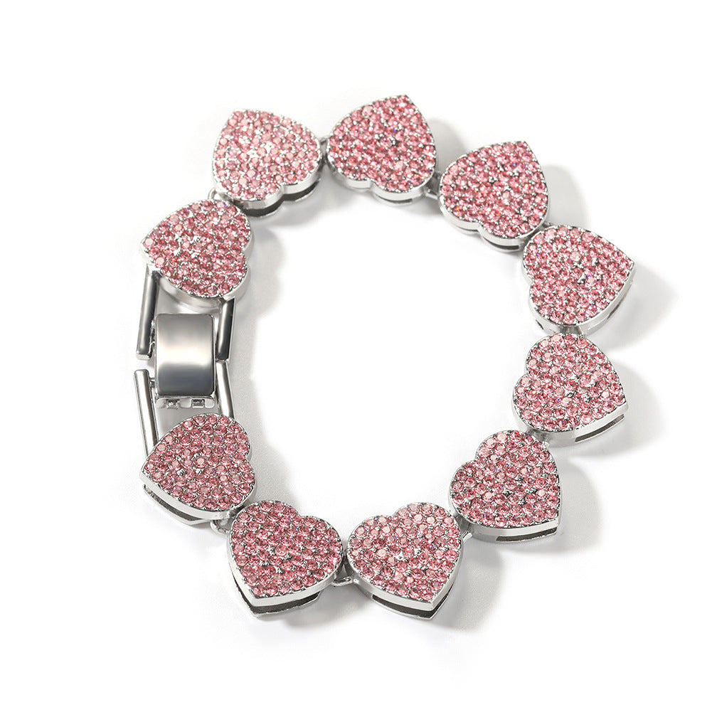 Pink Crystal Hip Hop Bracelet for Women and Men - Silver Plated Alloy Chain Bracelet in Cuban Link, Round, Heart, and Square Styles