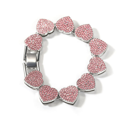Pink Crystal Hip Hop Bracelet for Women and Men - Silver Plated Alloy Chain Bracelet in Cuban Link, Round, Heart, and Square Styles