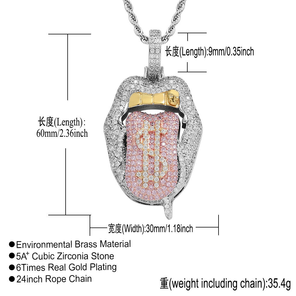 Hip Hop Skull Dollar Cubic Zirconia Pendant Necklace for Men and Women