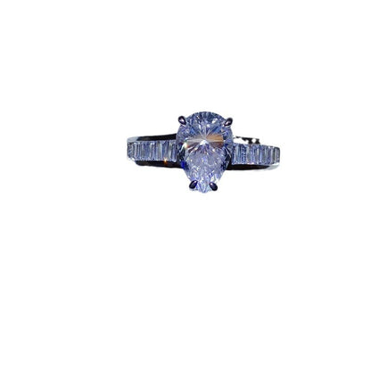 Pear Cut Moissanite Ring with Baguette Band, 18K Gold D Color Style Ring for Women
