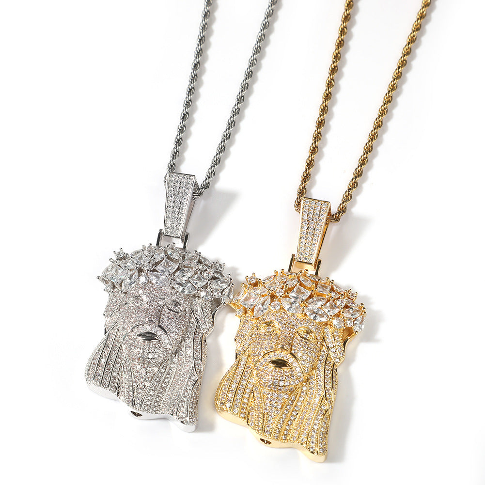 Iced Jesus Face Pendant Necklace for Men & Women – Cubic Zirconia Statement Hip Hop Chain in Gold or Silver Tone, 24 Inch Twisted Stainless Steel Necklace