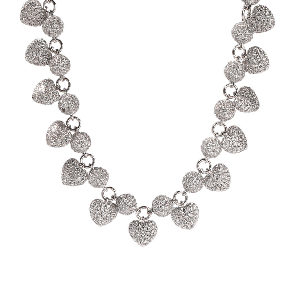 Silver-Tone Iced Out Heart & Round Cubic Zirconia Necklace for Women and Men