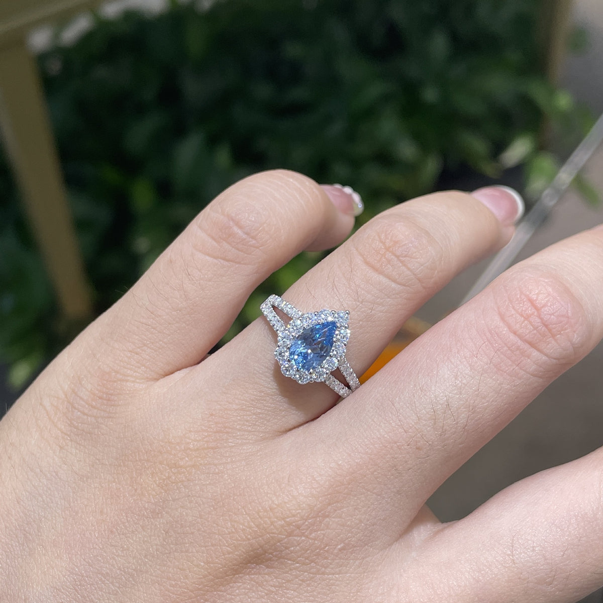 925 Silver Blue Teardrop Halo Ring for Women, Split Shank Promise Ring product image