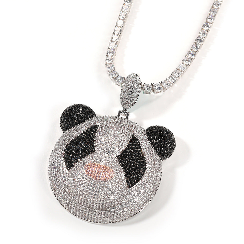 Iced Cartoon Panda Pendant Necklace for Women and Men, Silver Plated Cubic Zirconia Hip Hop Statement Chain, 24 Inch Stainless Steel Twist Chain