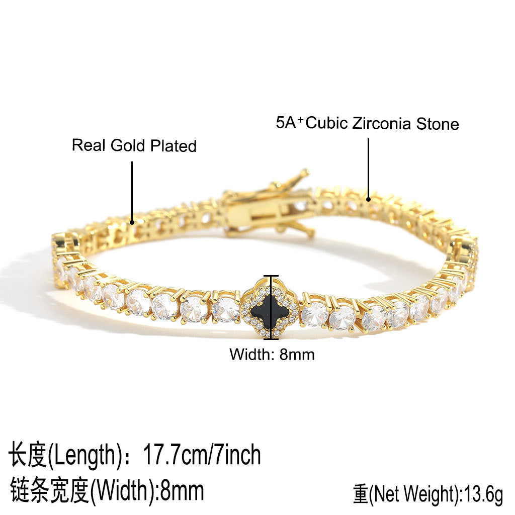 Hip Hop Vintage Four Leaf Clover Tennis Chain Copper Bracelet for Men