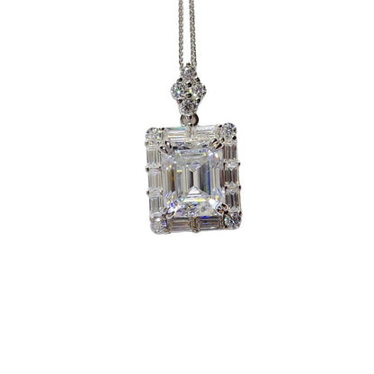 5 Carat D Color Moissanite Pendant Necklace with Chain, Emerald Cut Halo Necklace