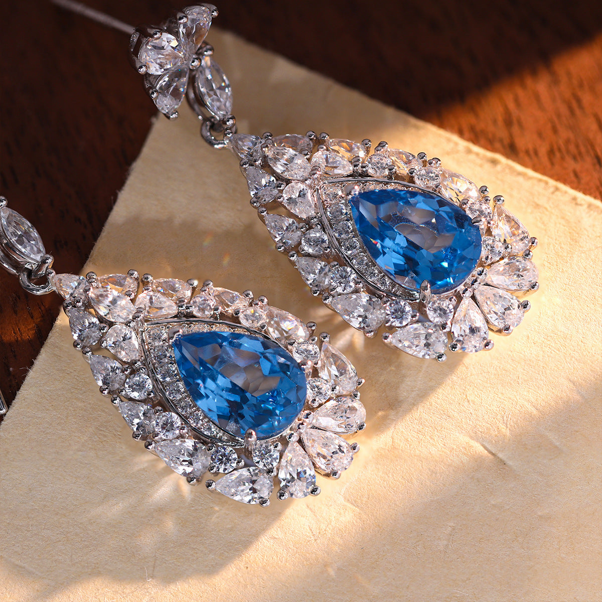 Blue Teardrop Drop Earrings, 925 Silver Crystal Halo Dangle Earrings product image