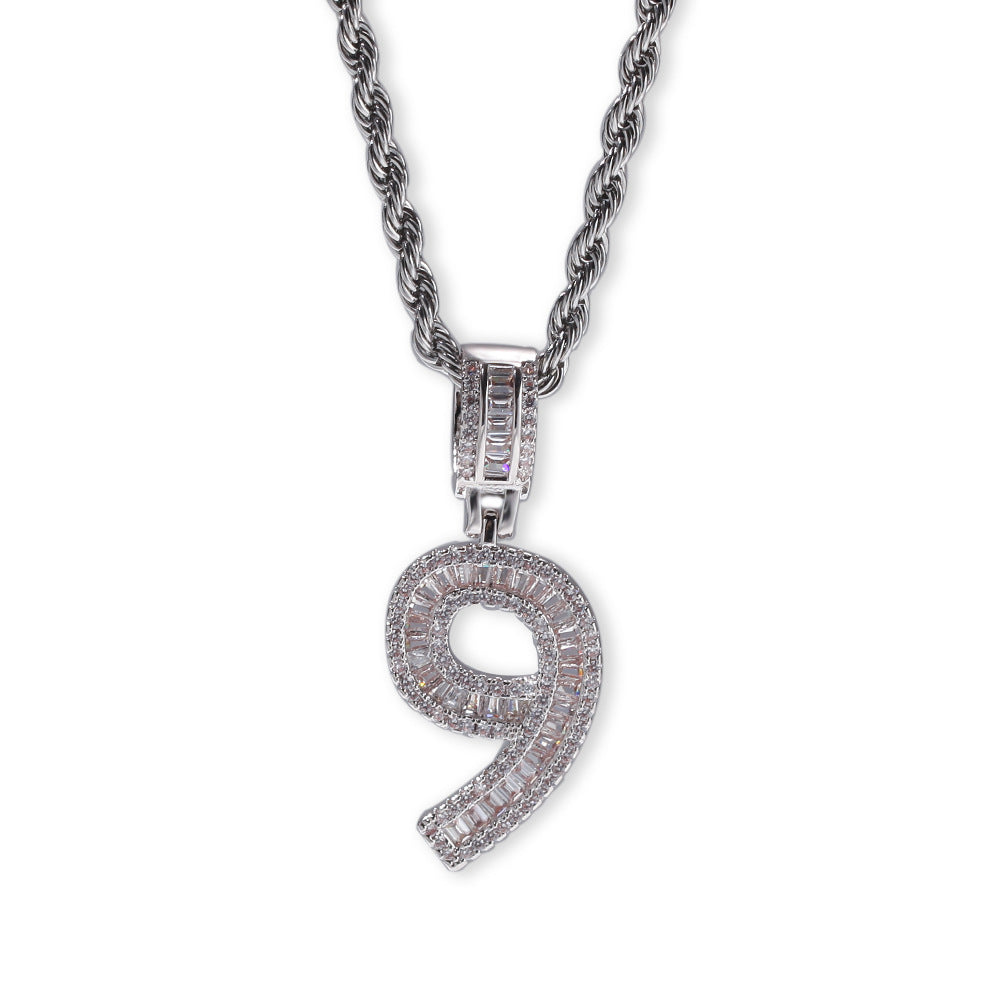 Men’s Iced Number Pendant Necklace with Cubic Zirconia, Gold or Silver Plated Numeric Charm Chain product image