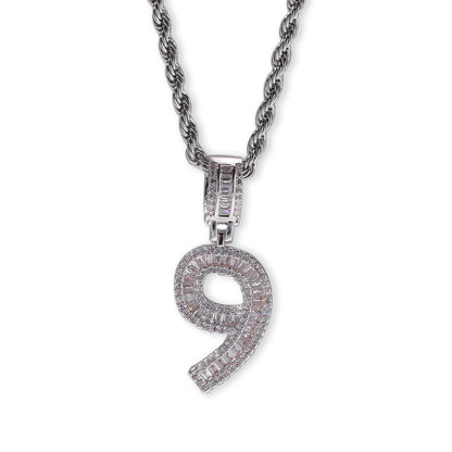 Men’s Iced Number Pendant Necklace with Cubic Zirconia, Gold or Silver Plated Numeric Charm Chain