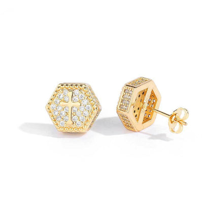 Hexagon Cross CZ Stud Copper Earrings in Selectable Colors and Sizes - EAR022