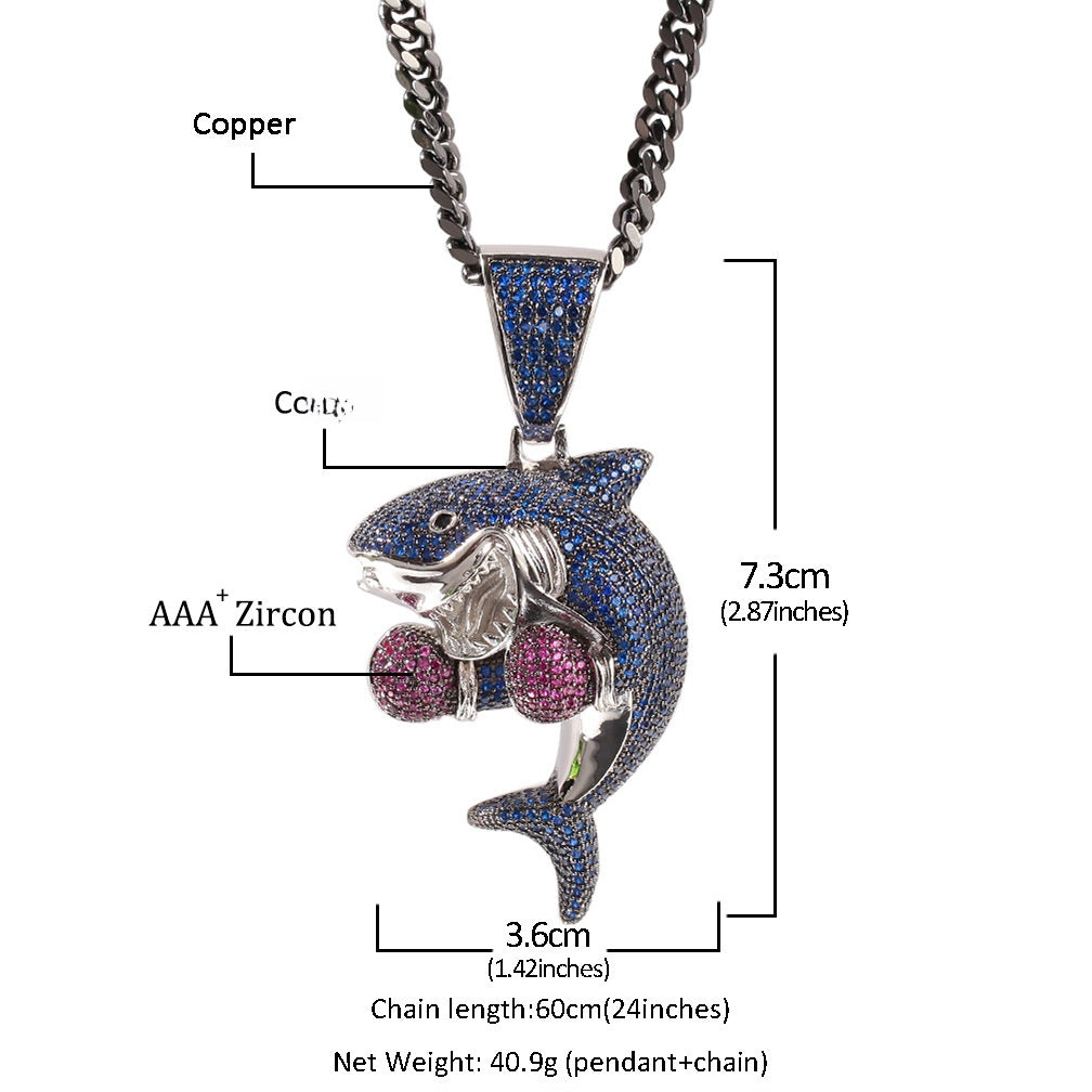 Iced Shark Pendant Necklace for Men with Cubic Zirconia Hip Hop Chain in Gold or Silver Tone