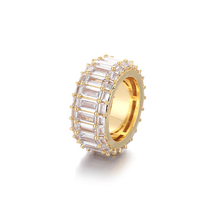 Unisex Geometric Triple-Row Baguette Cubic Zirconia Couple Ring