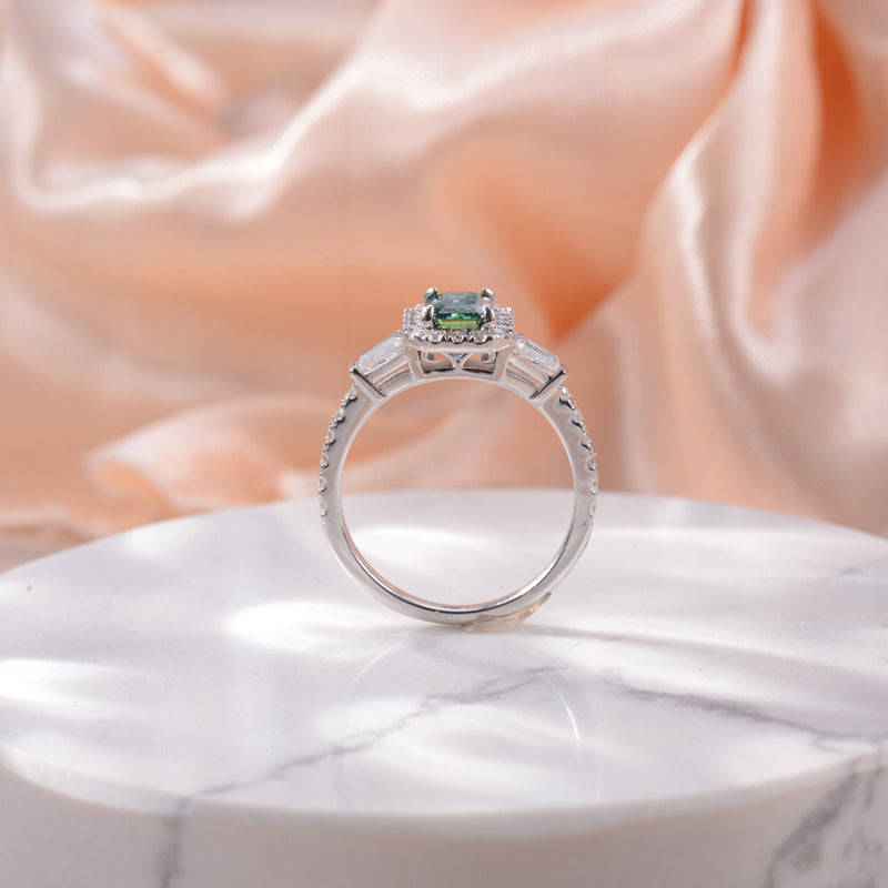 Emerald-Cut Green Moissanite Halo Ring for Women, 18K Gold-Plated Ring product image