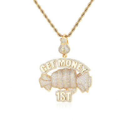 GET MONEY Hip Hop Money Bag Pendant Necklace, Rope Chain, Cubic Zirconia Accent