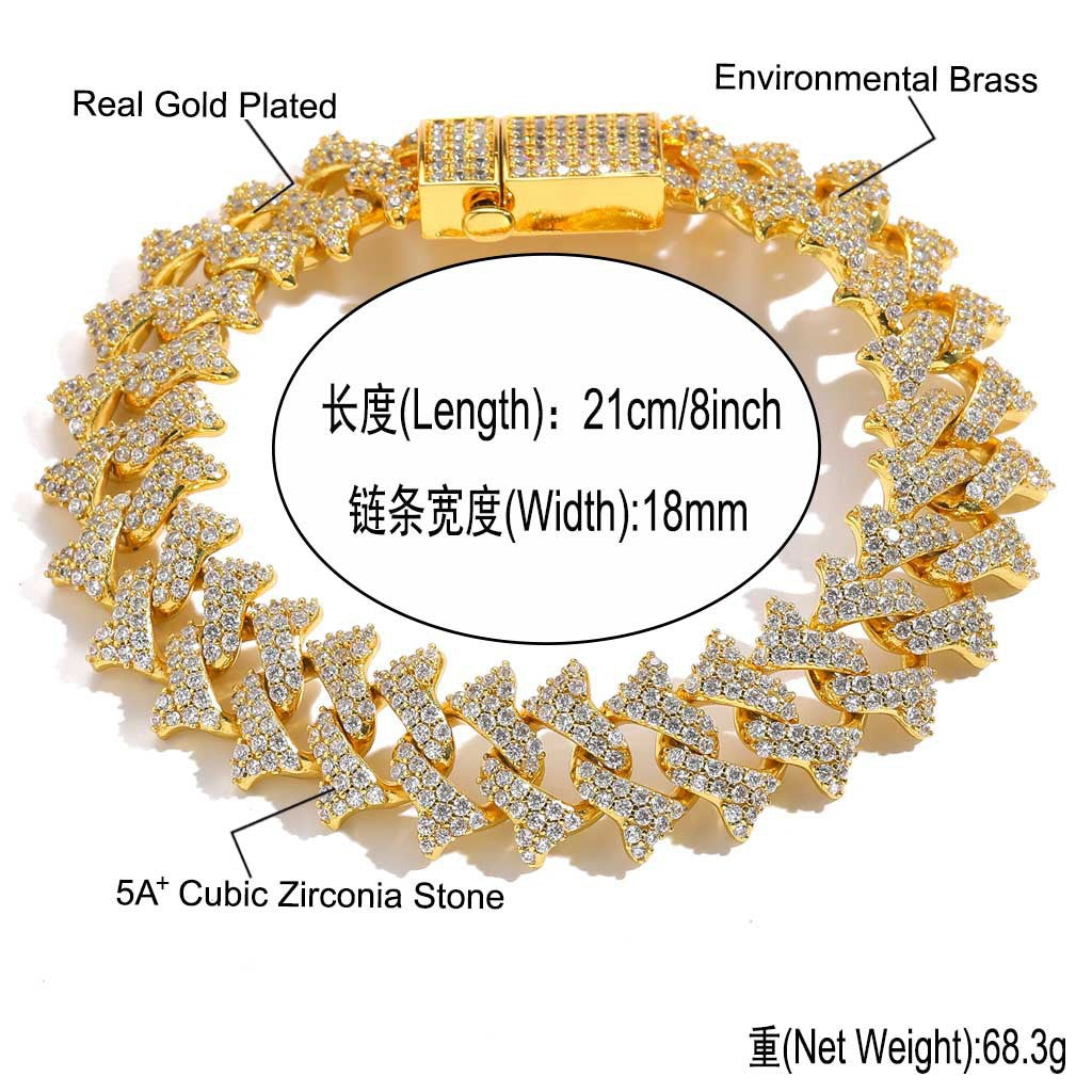 Hip Hop Cuban Link Thorn Spike Cubic Zirconia Bracelet for Men