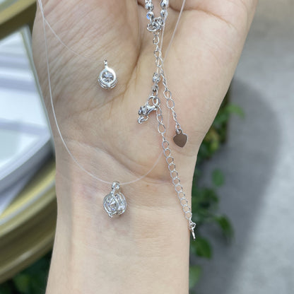 Invisible Line Double Round Pendant Necklace, Clear Sparkle, S925 Silver