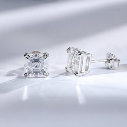 2 Carat Asscher Cut Moissanite Stud Earrings, 925 Silver, D Color, Unisex Square Sparkle