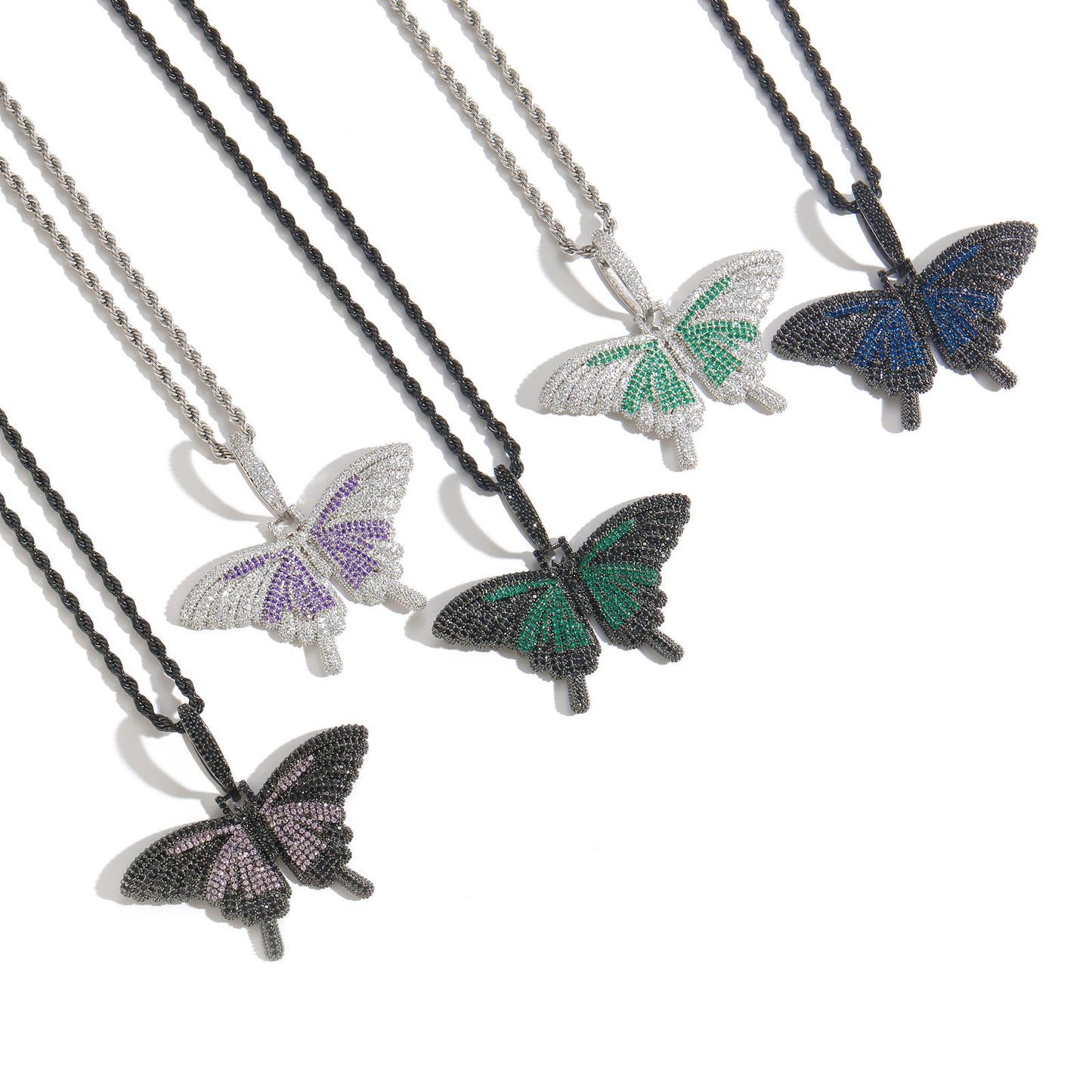 Hip Hop Light Luxury Butterfly Cubic Zirconia Pendant Necklace for Men and Women