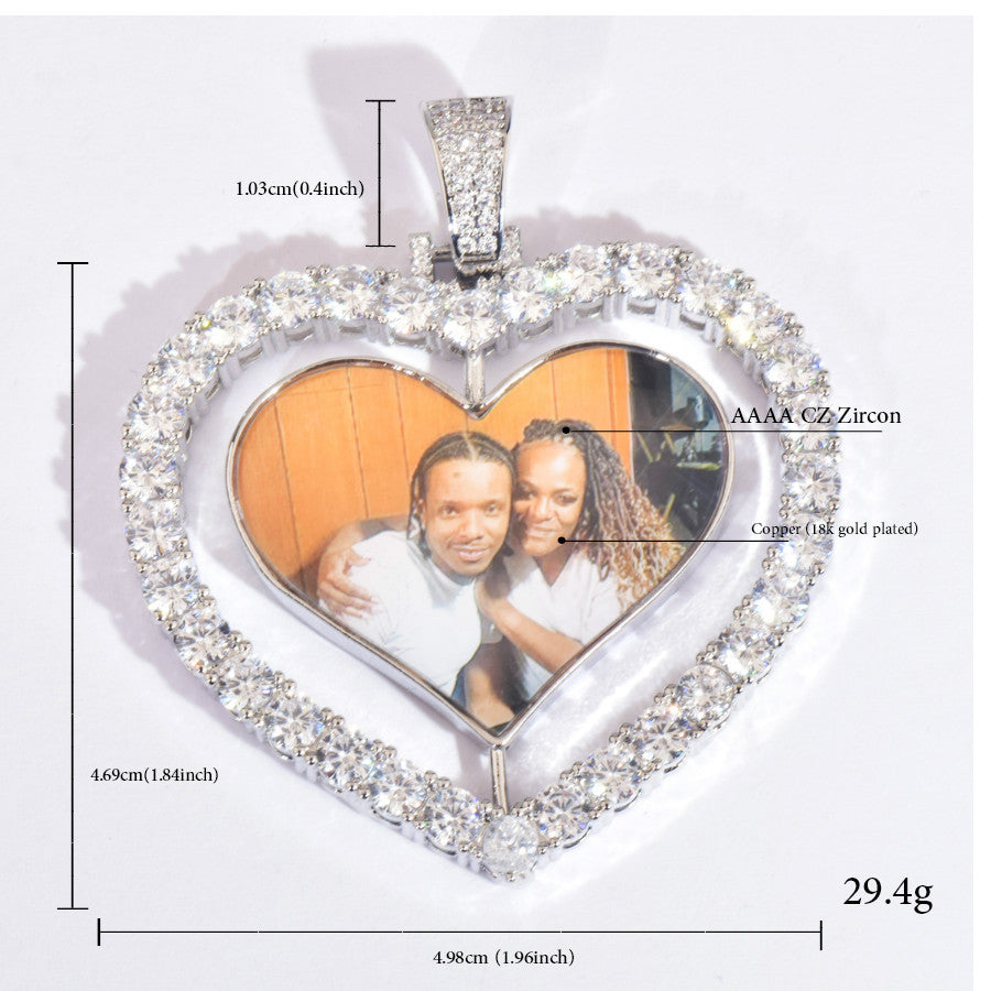 Unisex Iced Out Heart Photo Pendant Necklace