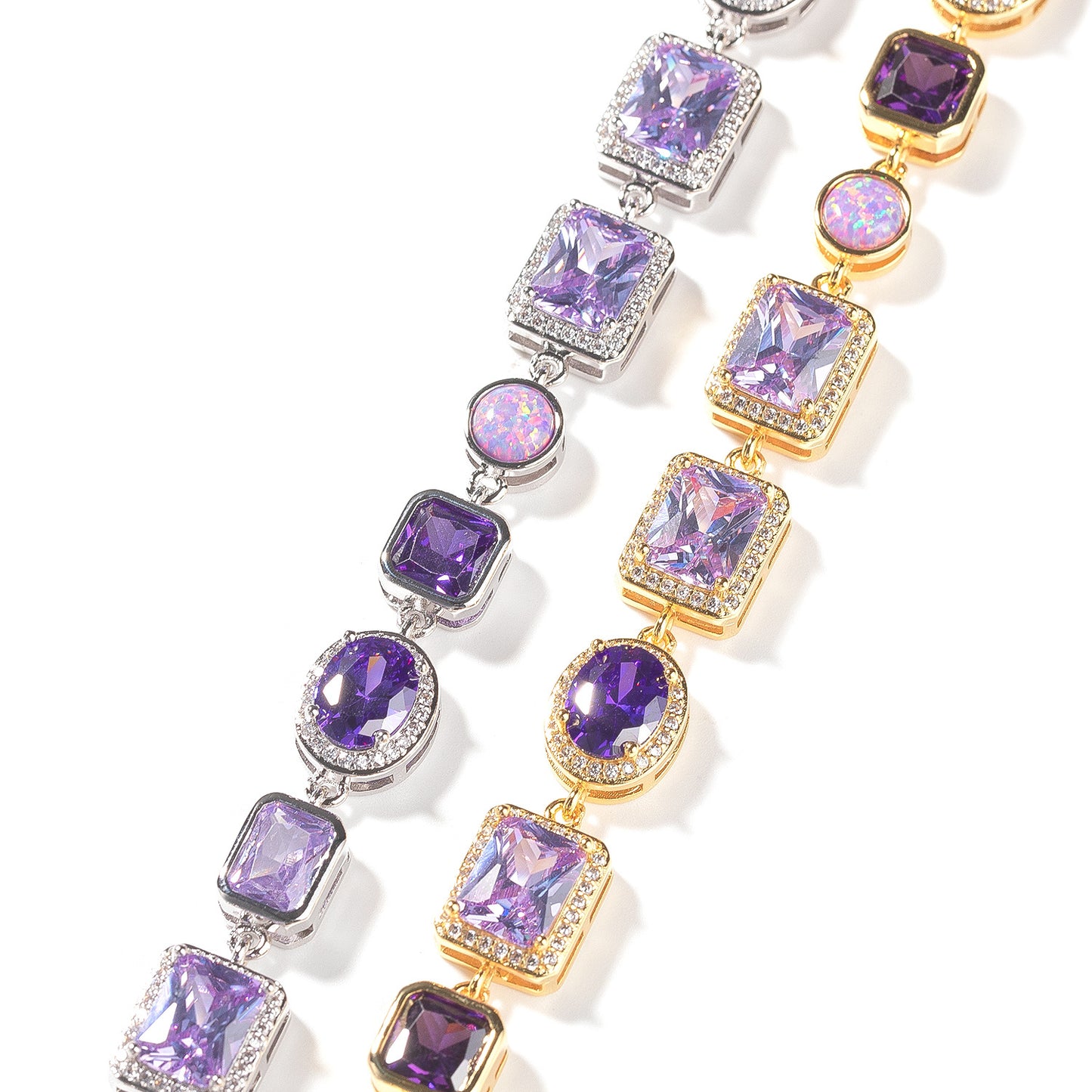 Purple Crystal Geometric Chain Necklace & Bracelet Set for Women and Men, Silver Plated Statement Pendant Jewelry