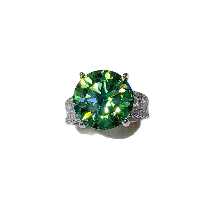 Green Moissanite Ring with Triple Row Pavé Band, U-Shape Statement Engagement Ring product image