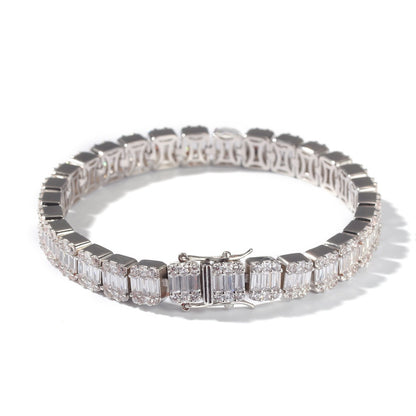 Men’s Iced Out Baguette Cut Bracelet - Gold or Silver Tone Copper Chain Bracelet, 7 Inch / 8 Inch