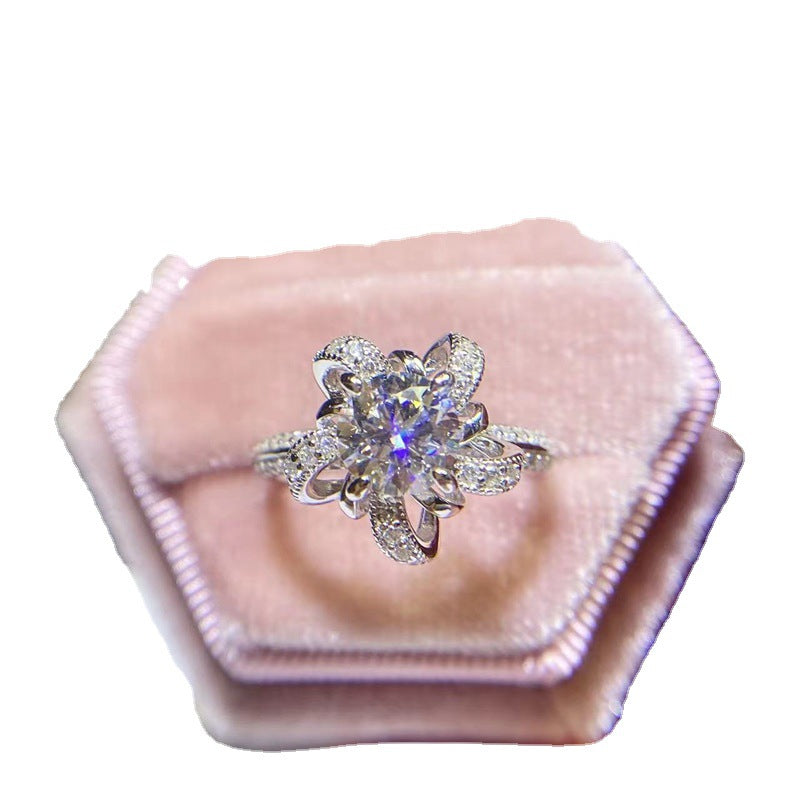 Floral Moissanite Ring for Women, Halo Engagement Ring Style, Lotus Flower Statement Ring product image