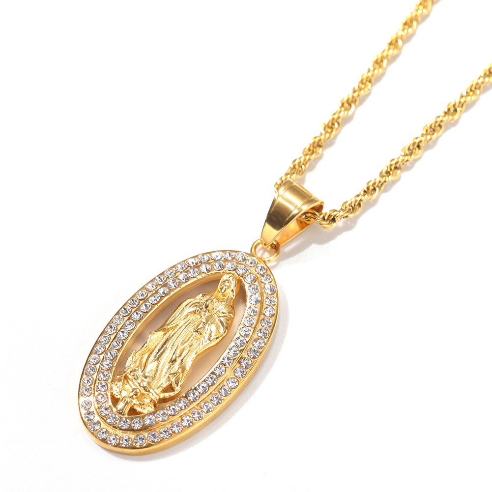 Gold Stainless Steel Virgin Mary Pendant Necklace with Cubic Zirconia Iced Out Rope or Cuban Chain