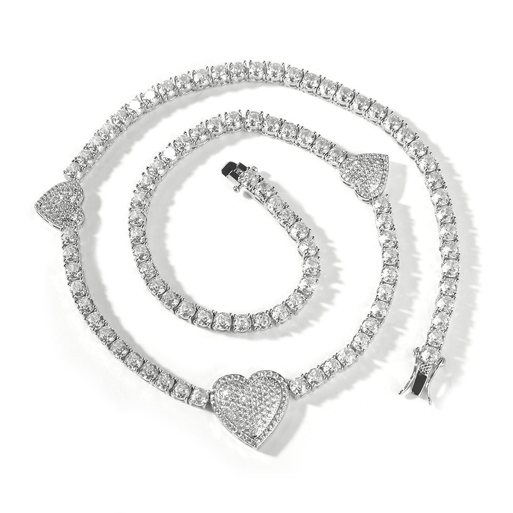 Unisex Heart Pendant Cubic Zirconia Tennis Chain Necklace in Gold or Silver, 16/18/20 Inch Statement Jewelry