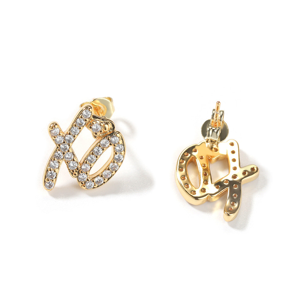 Cubic Zirconia XO Letter Stud Earrings for Women & Men, Gold or Silver Tone Copper Hip Hop Statement Earrings product image