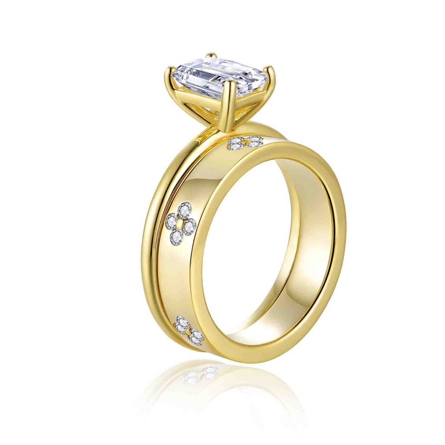 Moissanite Four-Leaf Clover Ring, 18K Gold Plated S925 Silver Stackable Wedding Band for Women product image