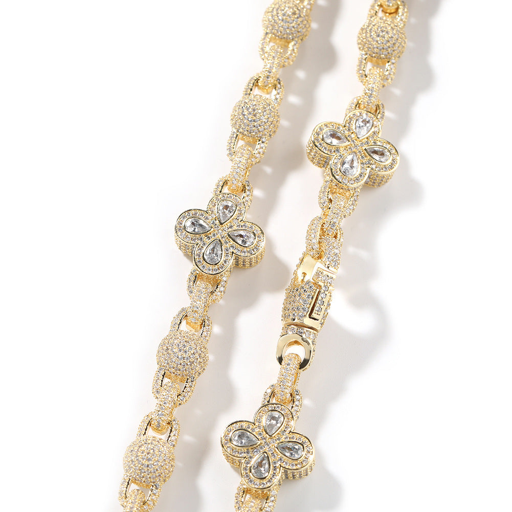 Iced Four-Leaf Clover Cubic Zirconia Chain Necklace Bracelet Set for Women & Men, Gold Plated and Silver Plated Statement Jewelry