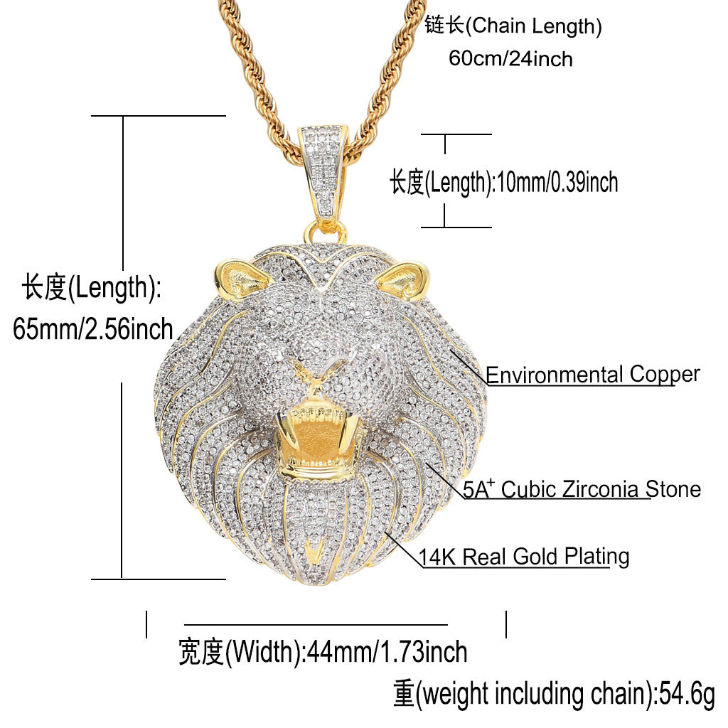 Hip Hop Lion Cubic Zirconia Pendant Necklace for Men and Women