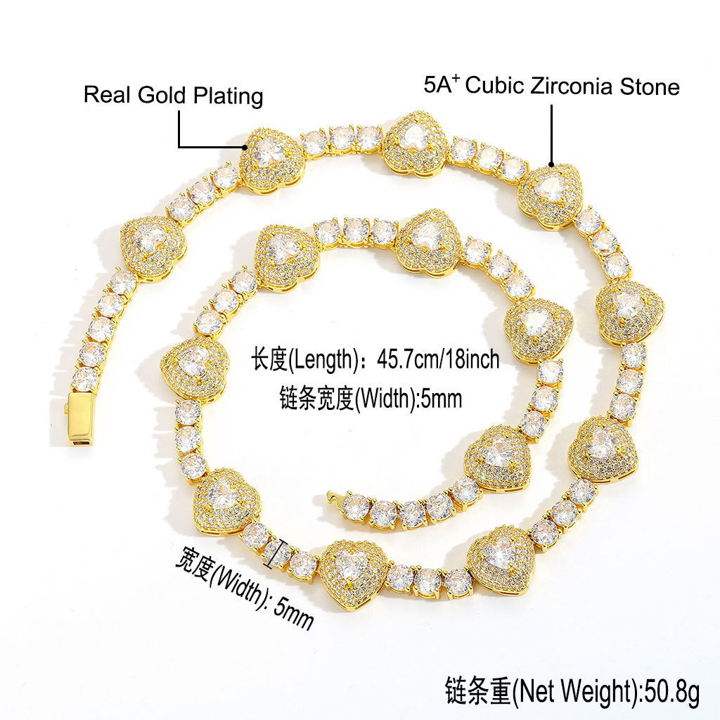 Hip Hop Light Luxury Heart Tennis Chain Cubic Zirconia Necklace for Men