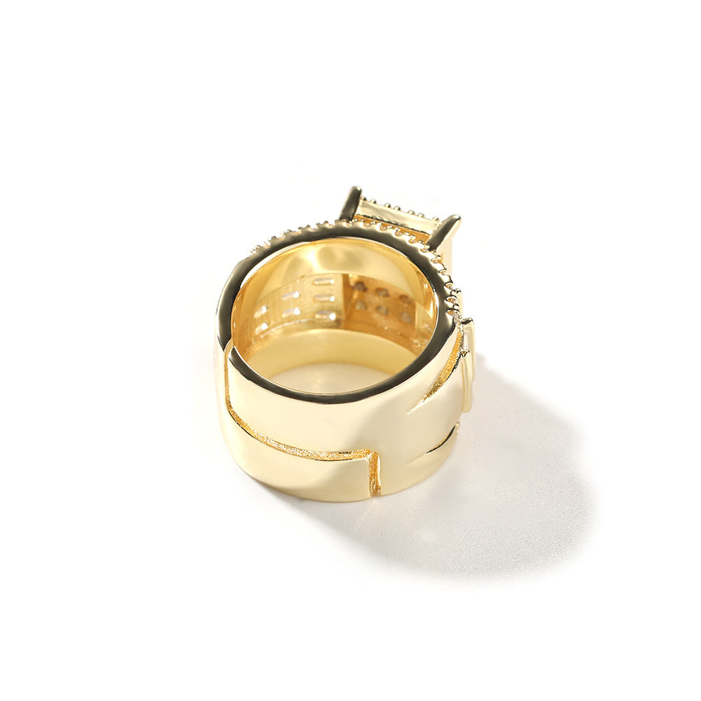 Men’s Gold Plated Square Cubic Zirconia Adjustable Statement Ring