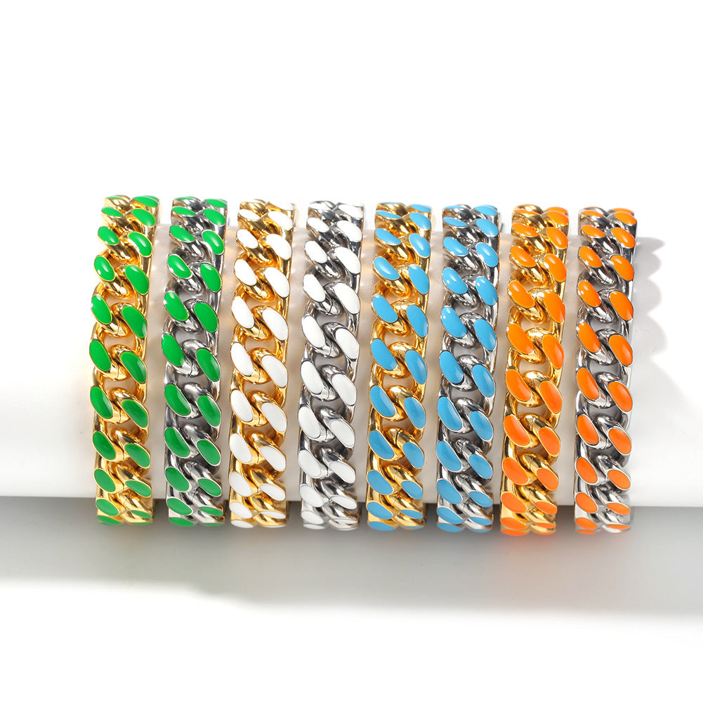 Unisex Stainless Steel Enamel Chain Bracelet - Hip Hop Statement Link Bangle in Gold or Silver Finish, 7 Inch & 8 Inch