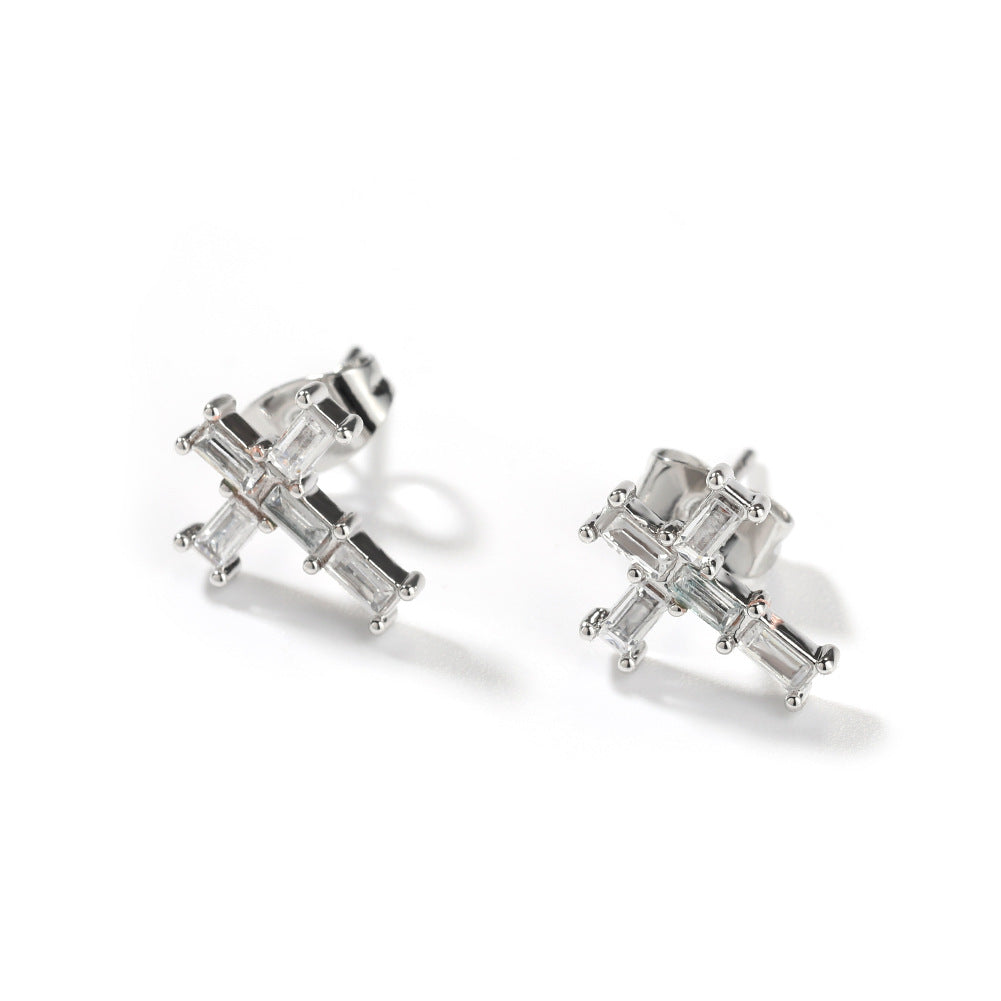 Unisex Cross Cubic Zirconia Stud Earrings in Gold or Silver Tone product image