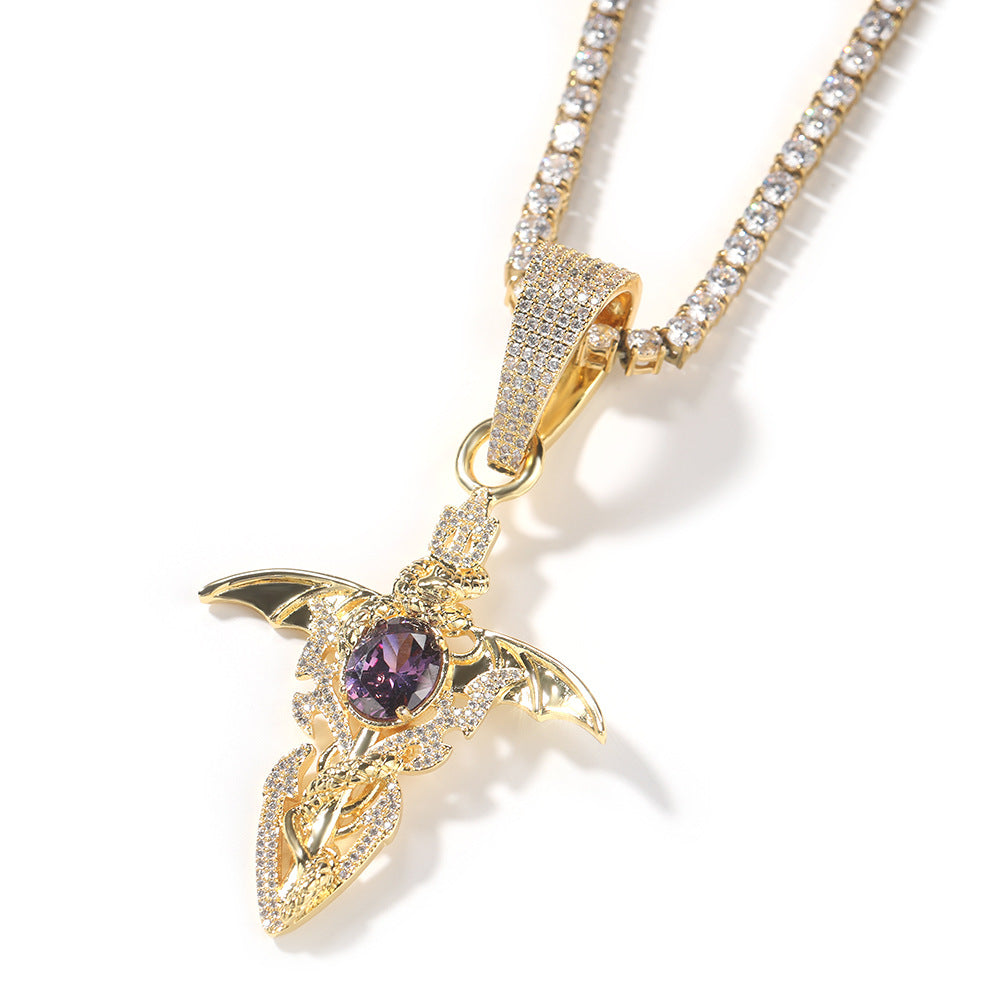 Men’s Iced Wing Pendant Necklace with Cubic Zirconia Twisted Chain, Silver or Gold Tone Statement Jewelry
