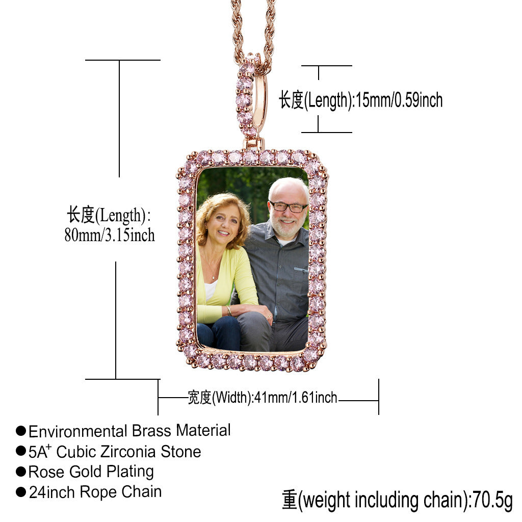 Square Photo Frame Copper Pendant Necklace for Men and Women