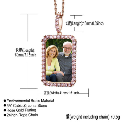 Square Photo Frame Copper Pendant Necklace for Men and Women