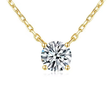 Round Moissanite Pendant Necklace, 4-Prong Solitaire, 18K Gold Plated S925 Silver