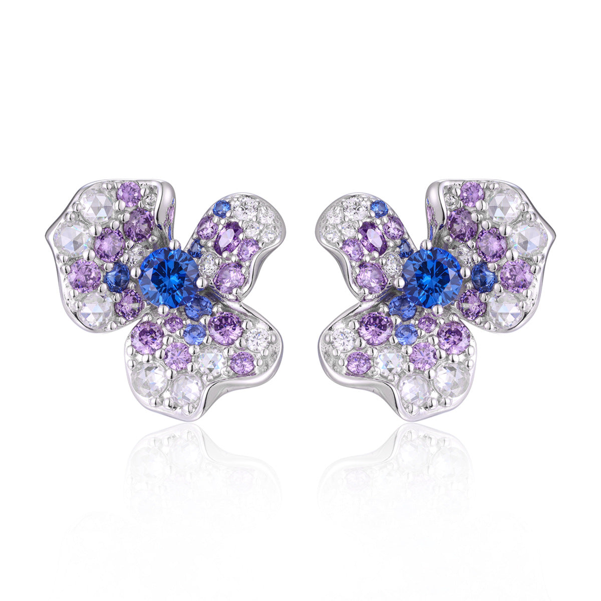 Irregular Flower Stud Earrings, Blue Crystal, S925 18K Plated product image