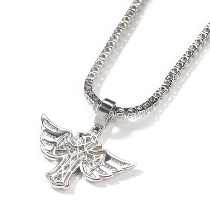 Men’s Iced Winged Cross Pendant Necklace with sparkling stones, Gold Plated Copper Chain, Hip Hop Statement Jewelry