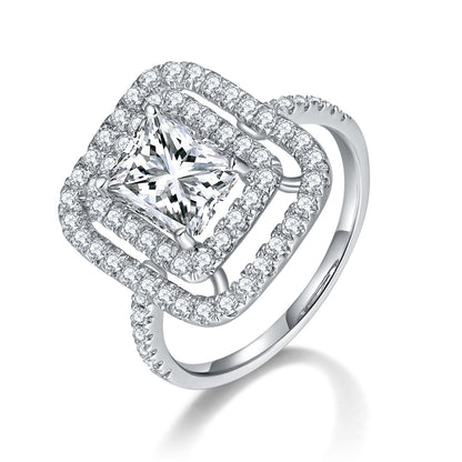 2 Carat Radiant Cut Moissanite Double Halo Ring, 925 Silver 18K Gold Plated