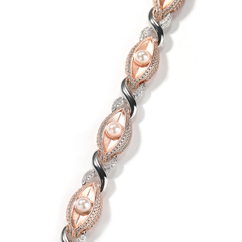 Men’s Iced Two-Tone Cuban Link Necklace & Bracelet Set with Pearl Detail and Rhinestone Paved Copper Finish product image
