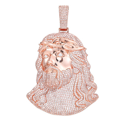 Iced Out Jesus Face Pendant Necklace with Cuban Link Chain, Silver Tone Cubic Zirconia Hip Hop Jewelry