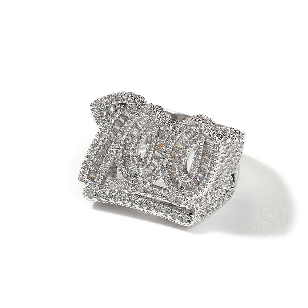 Silver tone number 100 cubic zirconia ring front view product image
