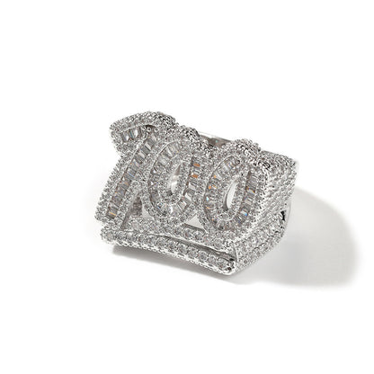 Silver tone number 100 cubic zirconia ring front view