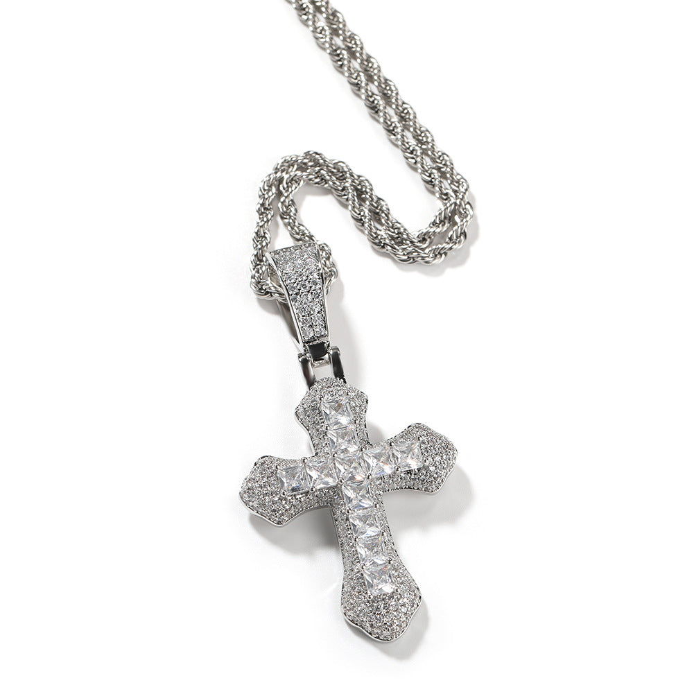 Silver-Tone Cross Pendant Necklace with Cubic Zirconia, 24 Inch Twisted Chain for Women product image