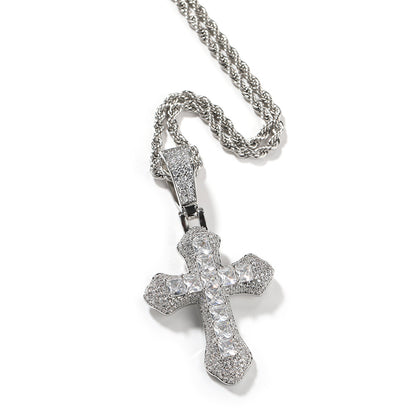 Silver-Tone Cross Pendant Necklace with Cubic Zirconia, 24 Inch Twisted Chain for Women
